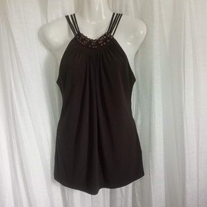 MICHAEL Michael Kors Brown Beaded Tunic Top Built In Bra Sleeveless Tank Lg